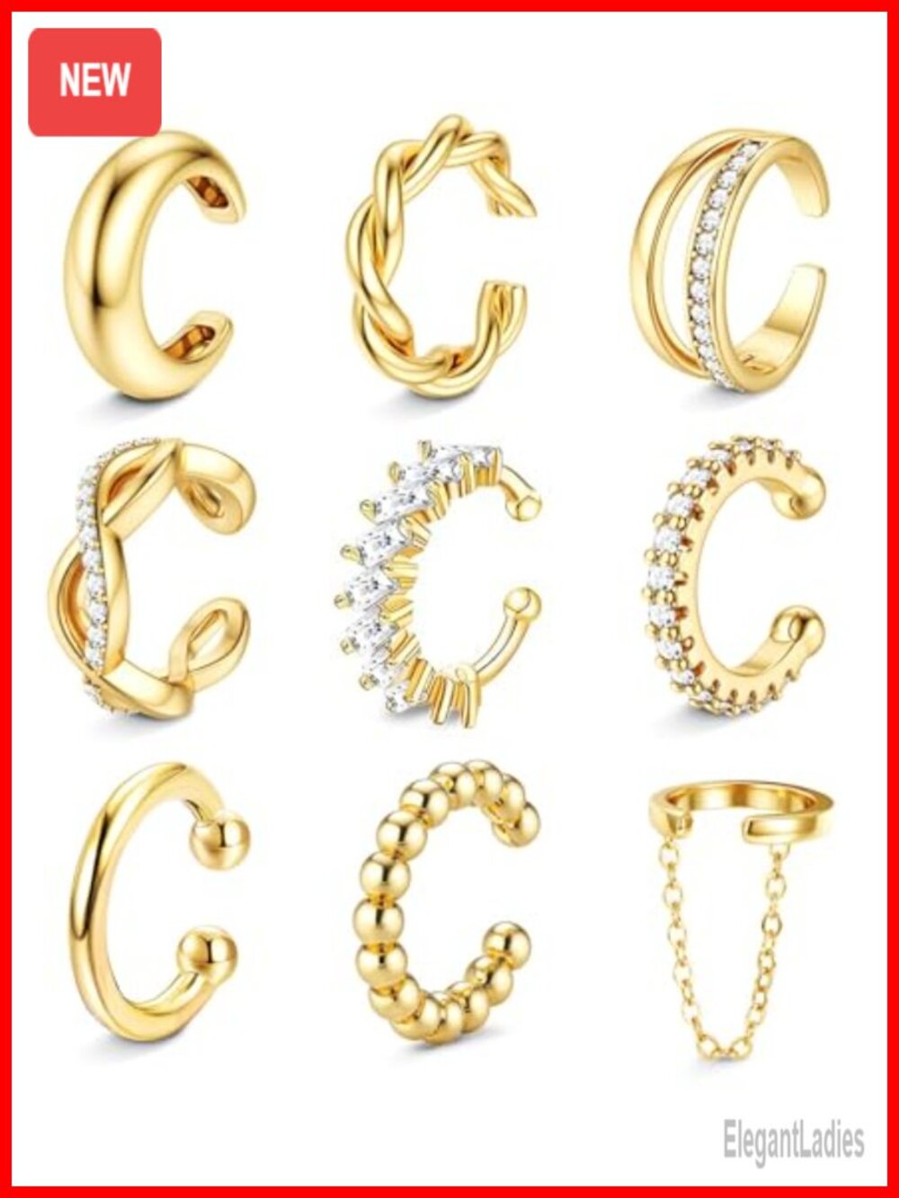 9PCS 14K Gold Plated Ear Cuff Earrings for Women Non Piercing Adjustable